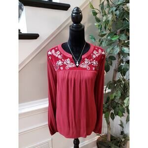 Eva Mendes Blouse Women XL Red Long Sleeve Ruffle Neck Bow Work Career